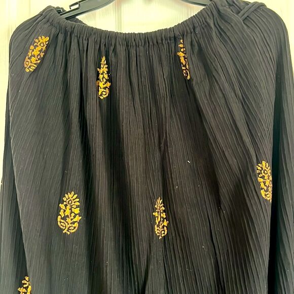 Maxi Skirt Sz L Black Golden Painted Flowers Elastic Tie Boho Hippie Globus NWOT - Picture 2 of 9